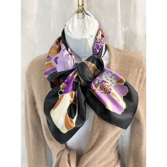 Totes Vintage HIGE Floral print mod purple brown, lavender Satin Rain Scarf - Picture 1 of 8